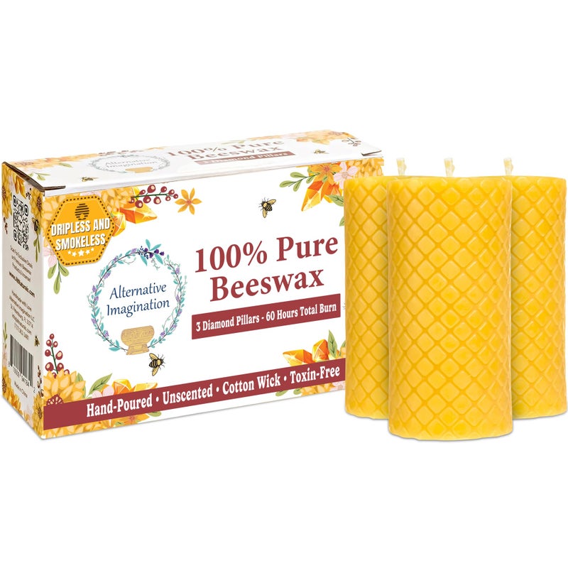 Alternative Imagination Diamond Beeswax Pillar Candles â€“ 3 Pack of 2x4 Inch Unscented Candles - Hand-Poured - 100% Pure Beeswax - Natural Honey Aroma - Dripless Long-Burn -Altar & Decor Use - Image 1